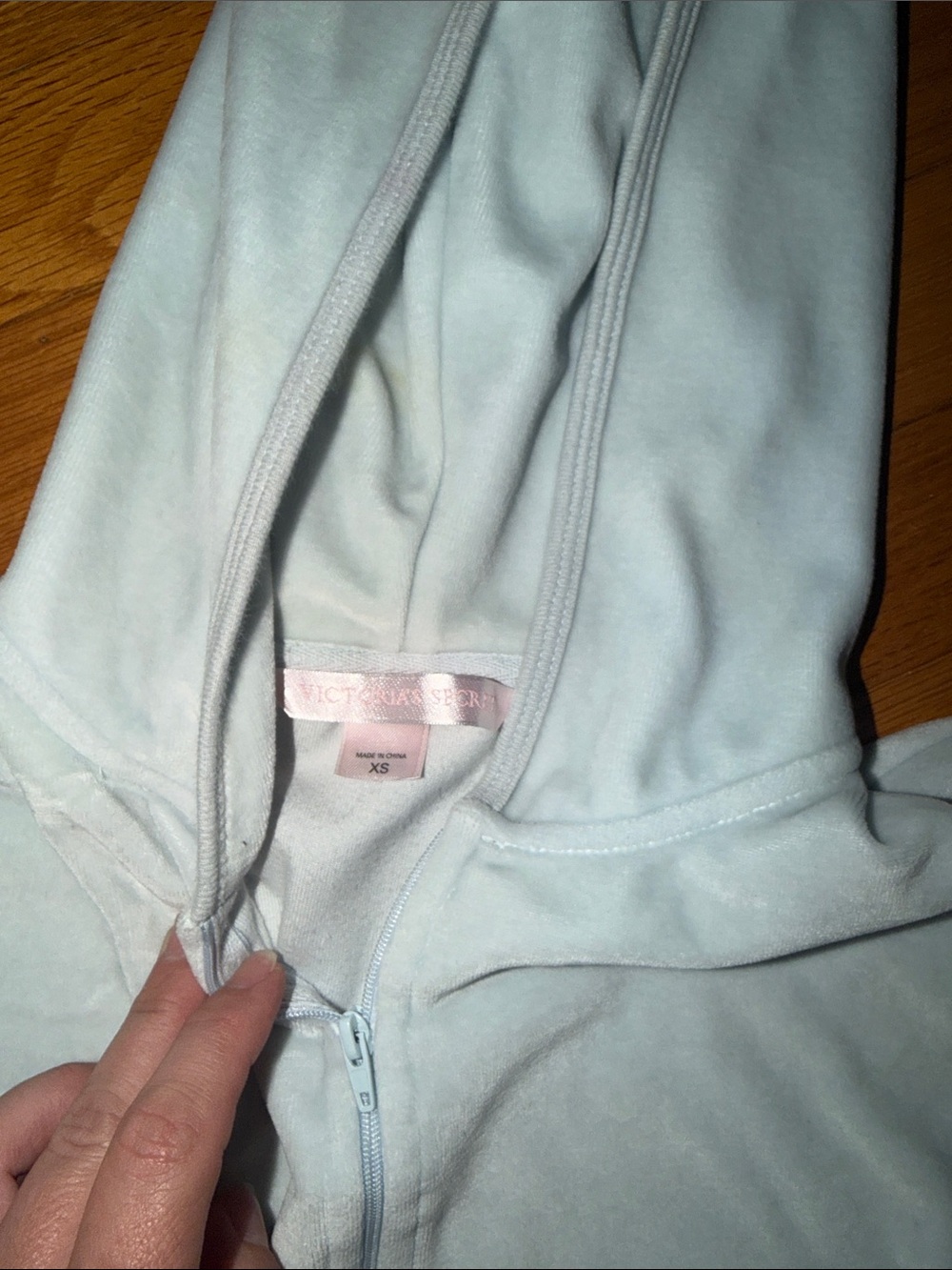 Women’s Light Blue Zip-Up Hoodie Victorias Secret XS stained around waistband - Picture 5 of 5